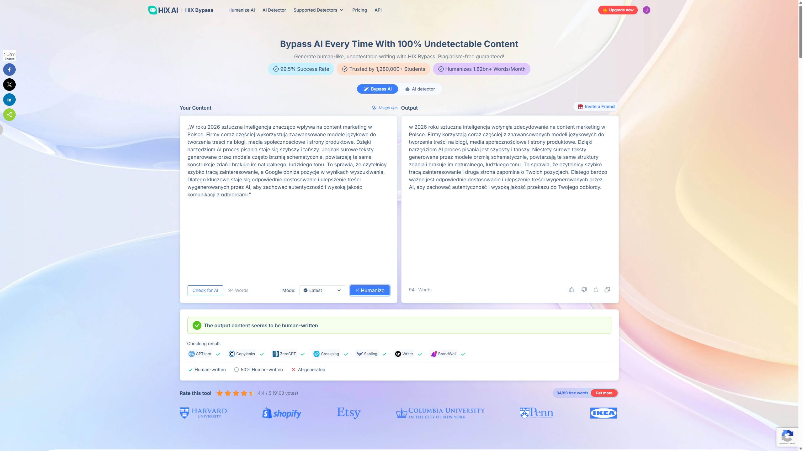 Interfejs HIX Bypass 2026 – dashboard z trybem Creative i ustawieniami humanizacji tekstu AI po polsku