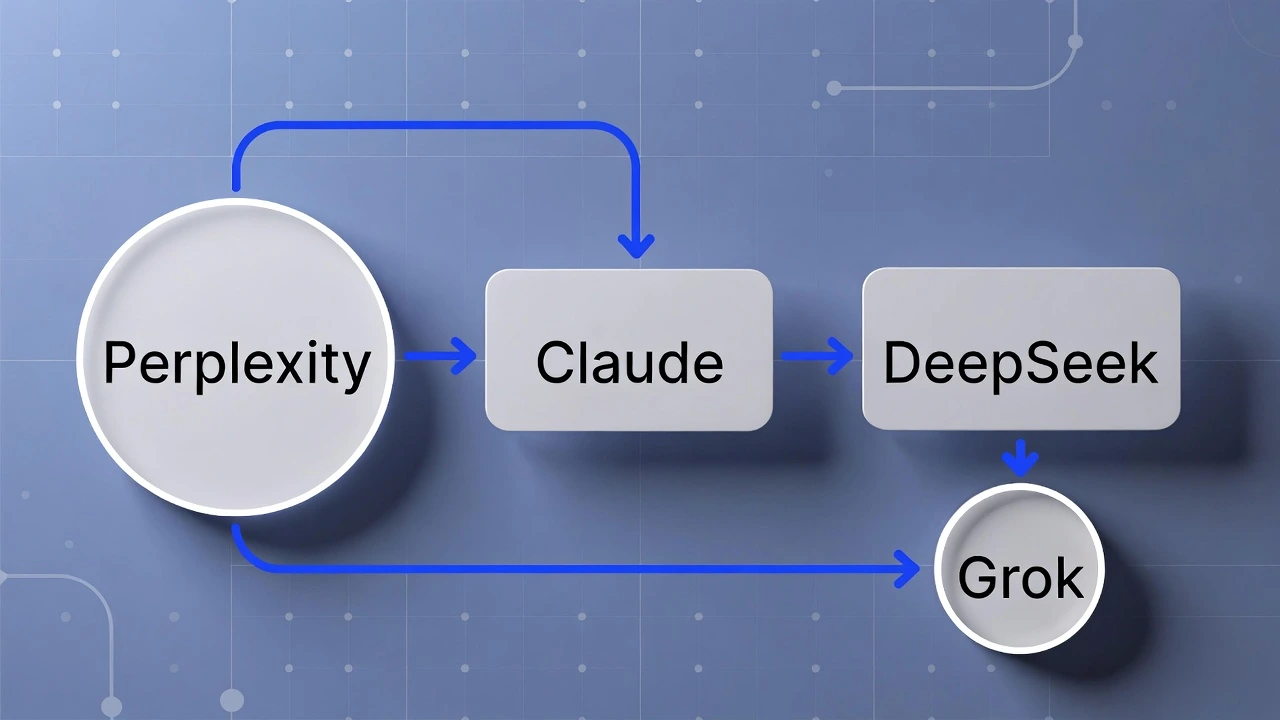 Workflow AI 2026 Perplexity Claude DeepSeek Grok schemat