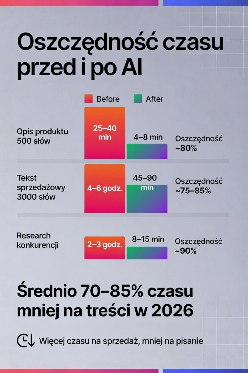 Infografika: ile czasu oszczędzasz używając AI do pisania treści w 2026 – porównanie przed i po